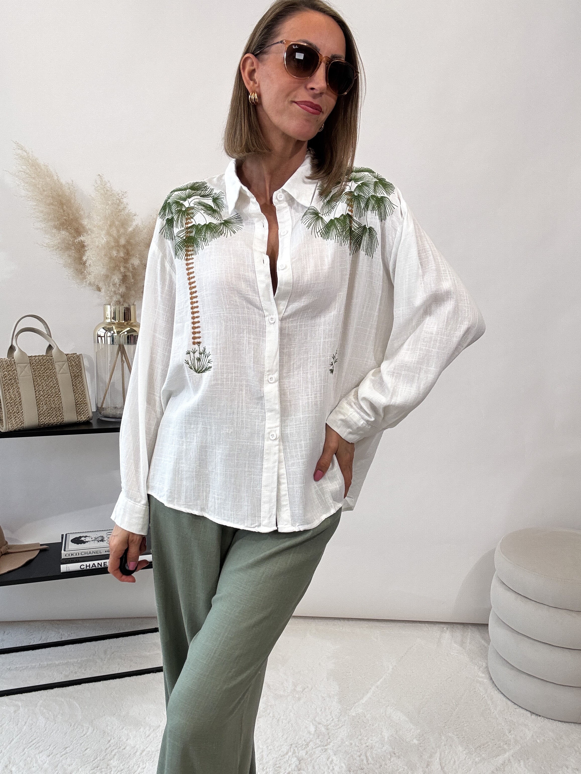 "Lino Palm" Leinen Bluse - creme