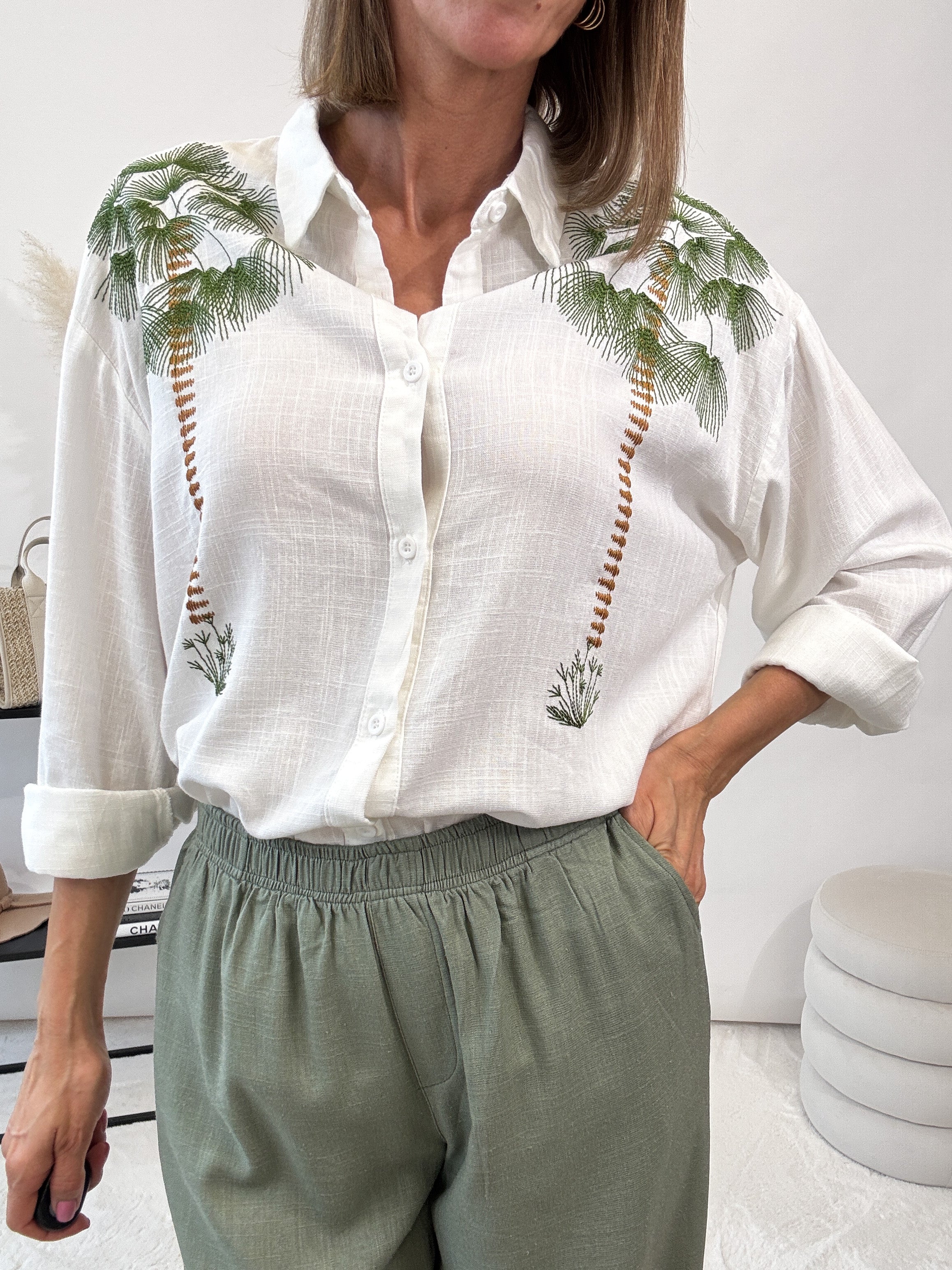 "Lino Palm" Leinen Bluse - creme