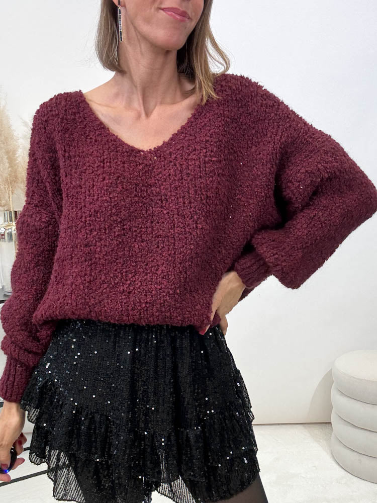 "Bouclé V" kuscheliger Pullover - bordeaux