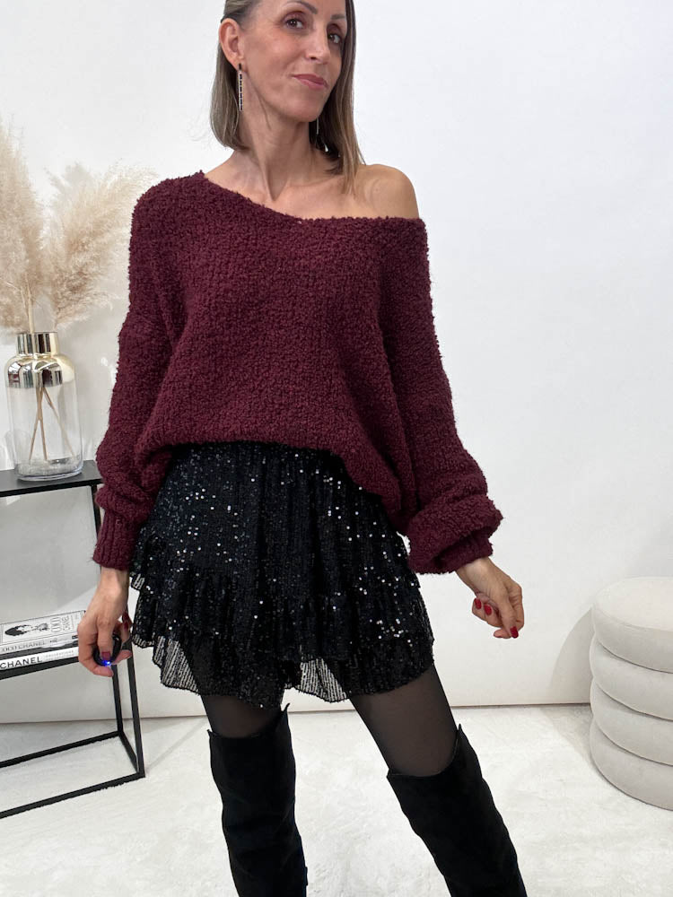 "Bouclé V" kuscheliger Pullover - bordeaux