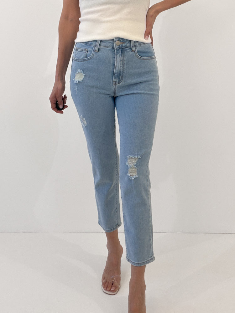 "Milos" Mom Destroyed Fit Jeans - blau
