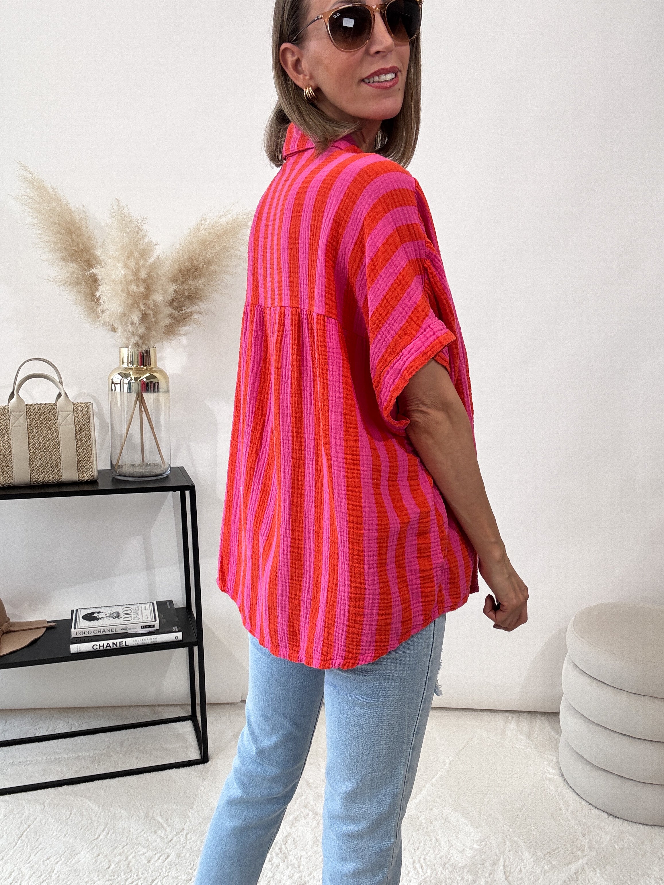 "Waffle Stripes Summer" Midi-Bluse aus Baumwolle (Musselin)- pink/orange