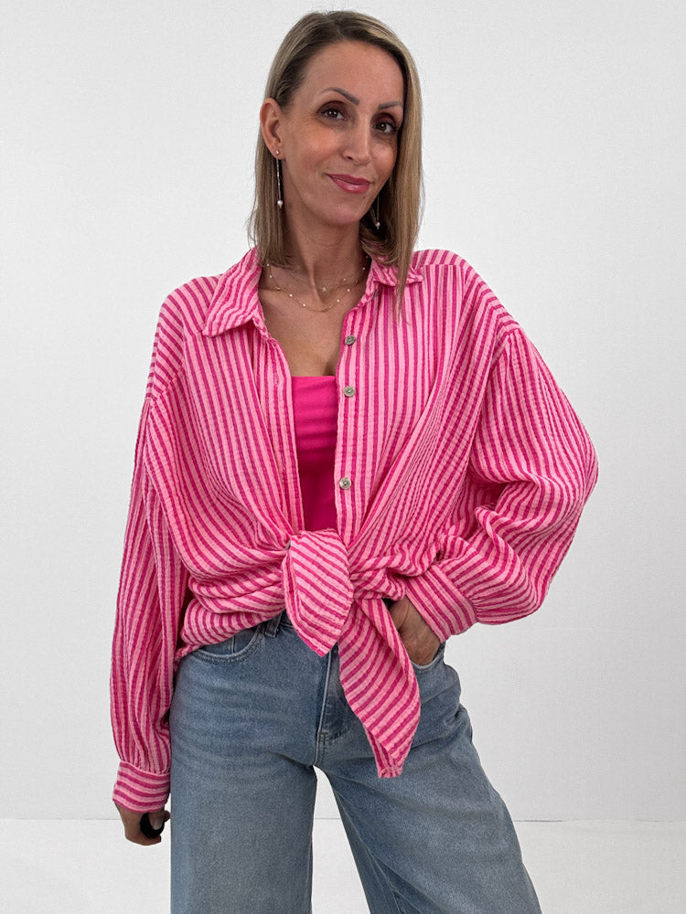 "Waffle Stripes 2.0 Midi" kurze Musselinbluse - rosa/pink