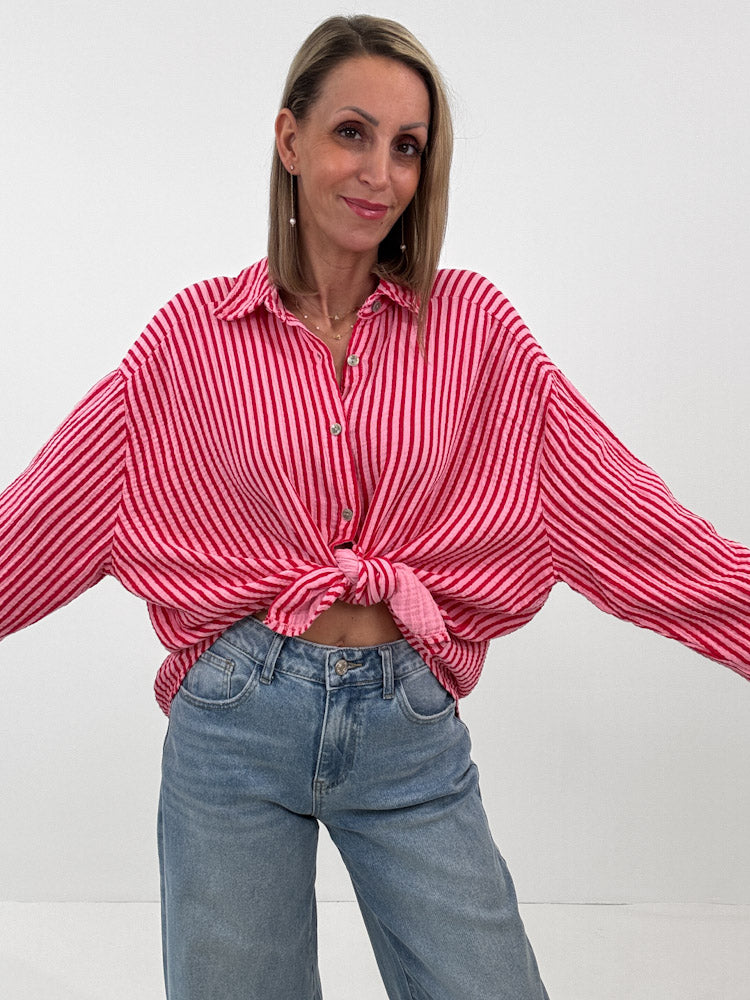 "Waffle Stripes 2.0 Midi" kurze Musselinbluse - rosa/rot