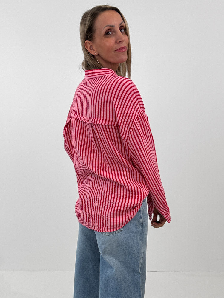 "Waffle Stripes 2.0 Midi" kurze Musselinbluse - rosa/rot