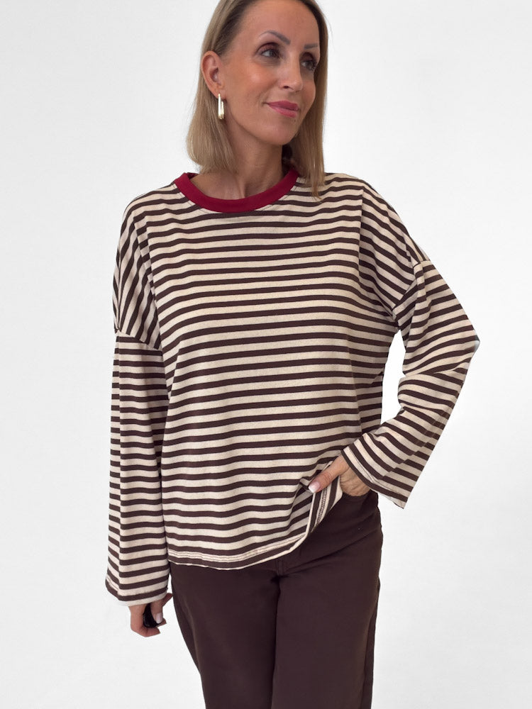 "Noa Linea Long" tolles Streifen-Longshirt aus Baumwolle - beige/braun
