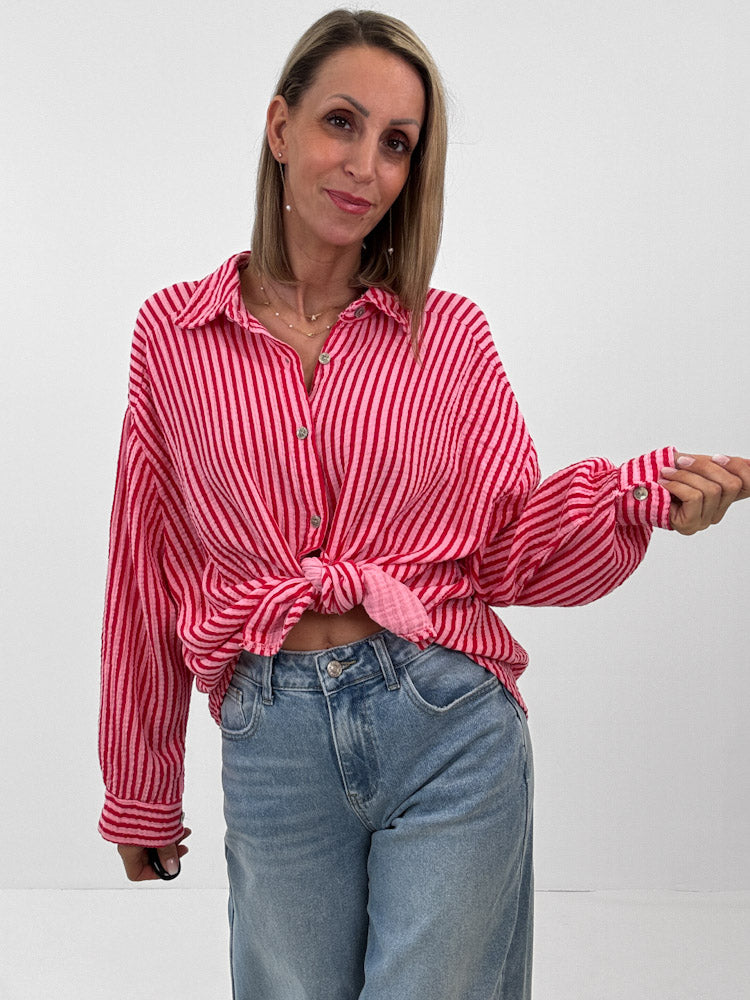 "Waffle Stripes 2.0 Midi" kurze Musselinbluse - rosa/rot