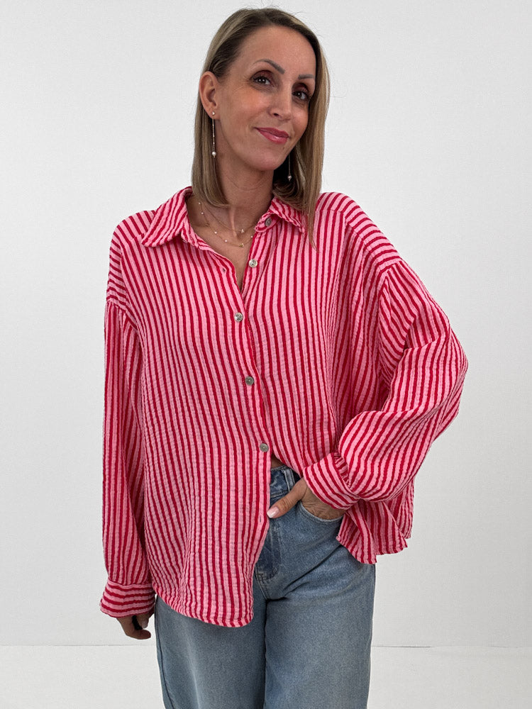 "Waffle Stripes 2.0 Midi" kurze Musselinbluse - rosa/rot