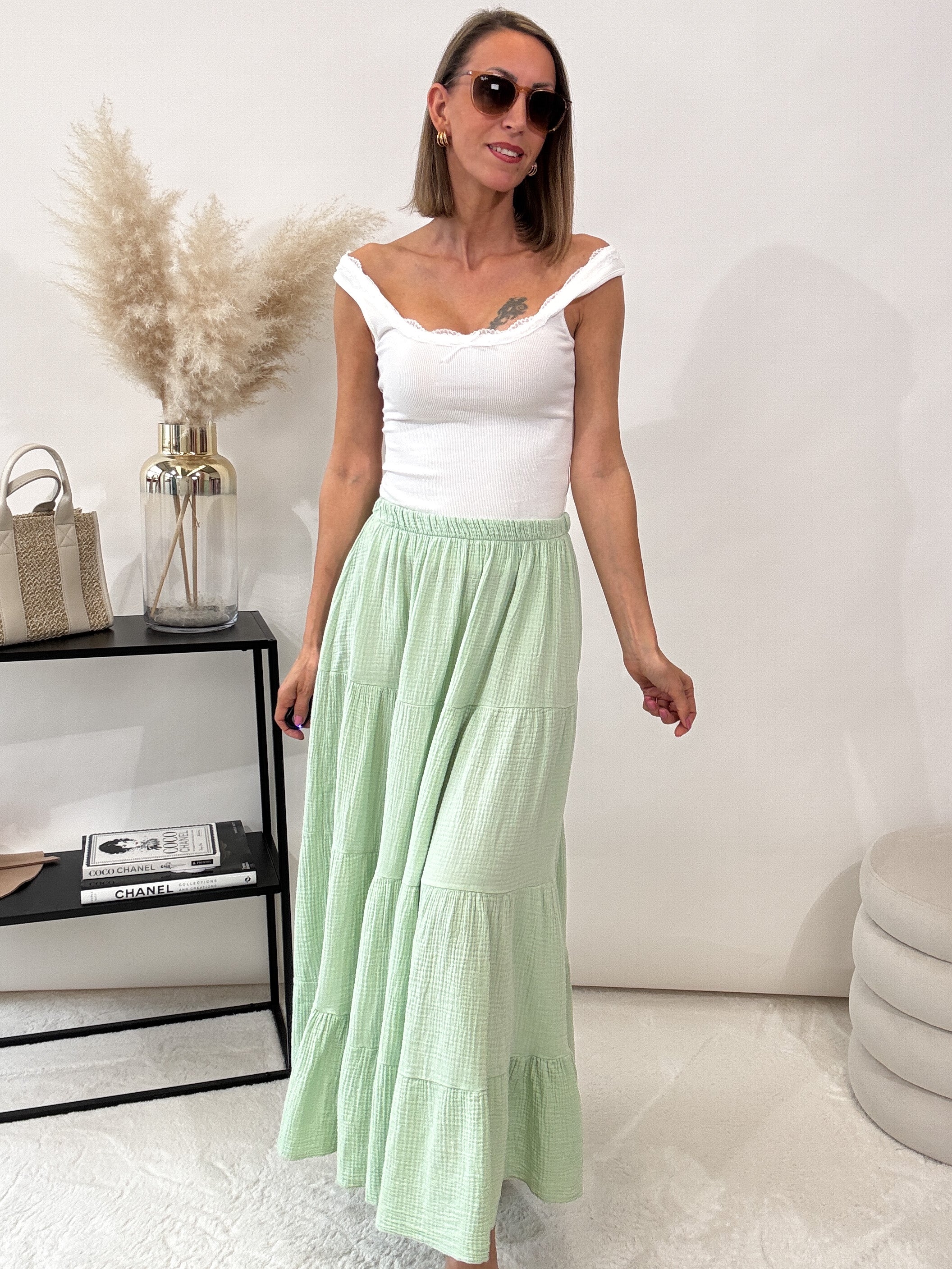 "Waffle Skirt" langer Rock aus Baumwolle (Musselin) - mint