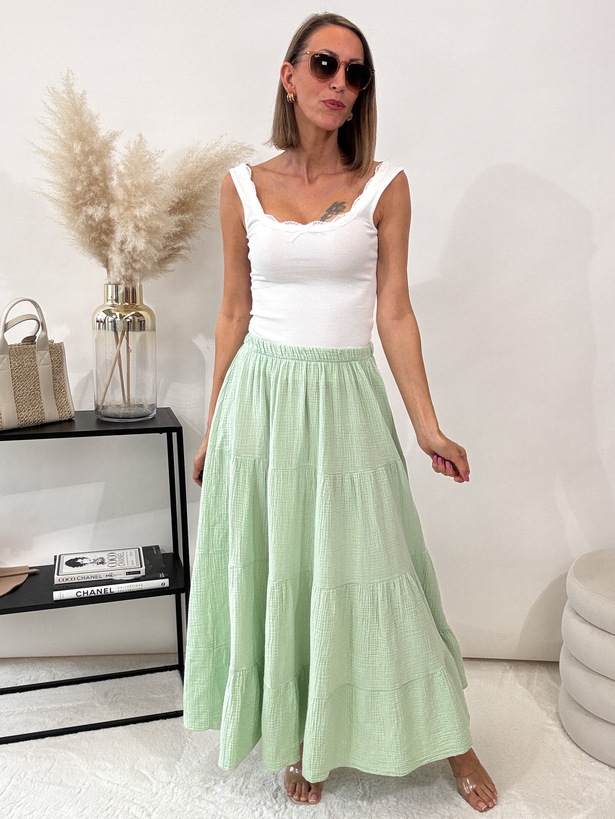 "Waffle Skirt" langer Rock aus Baumwolle (Musselin) - mint