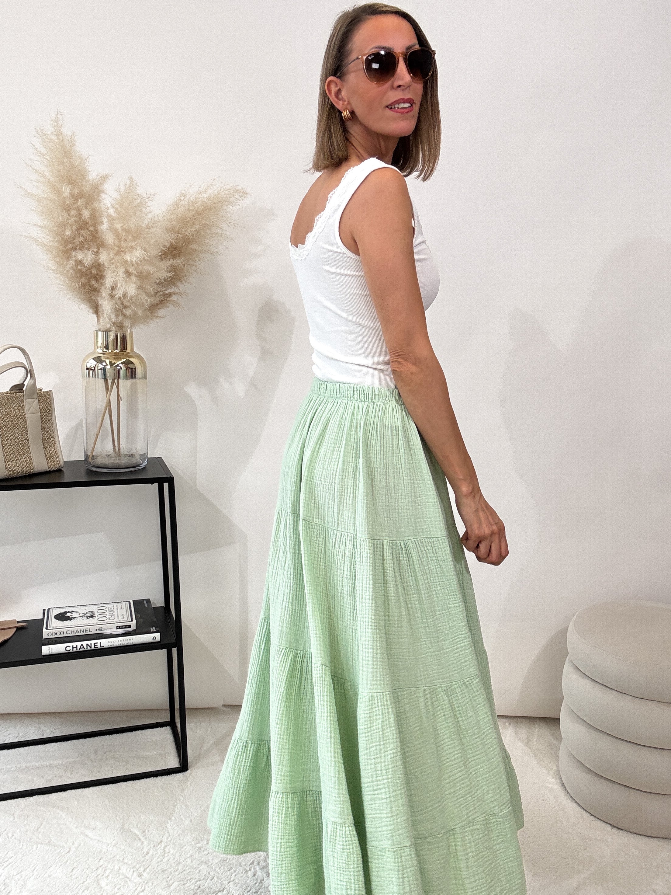 "Waffle Skirt" langer Rock aus Baumwolle (Musselin) - mint