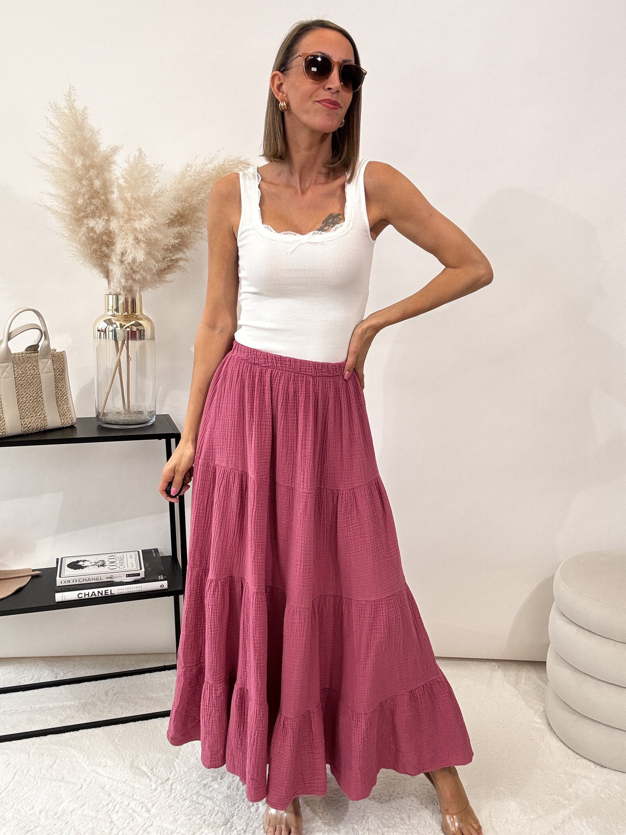 "Waffle Skirt" langer Rock aus Baumwolle (Musselin) - berry