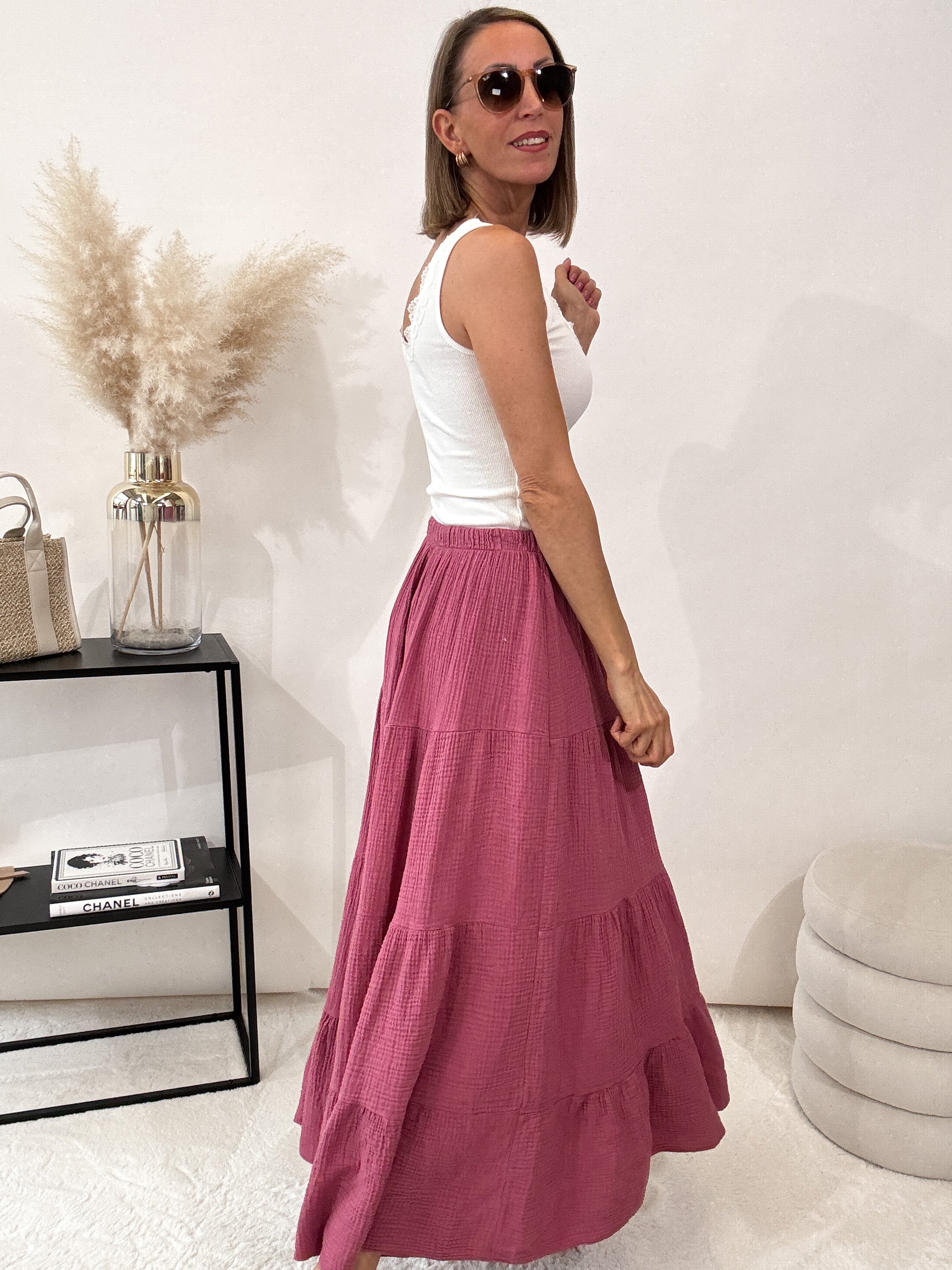 "Waffle Skirt" langer Rock aus Baumwolle (Musselin) - berry