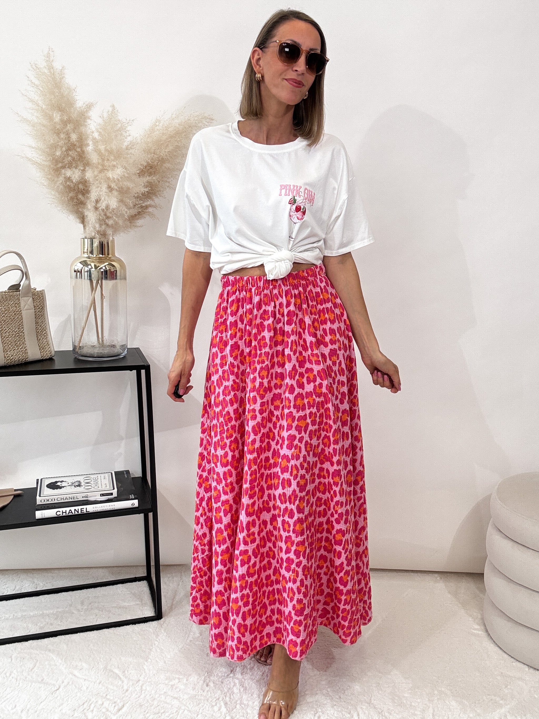 "Waffle Leo Skirt" langer Rock aus Baumwolle (Musselin) - pink/orange