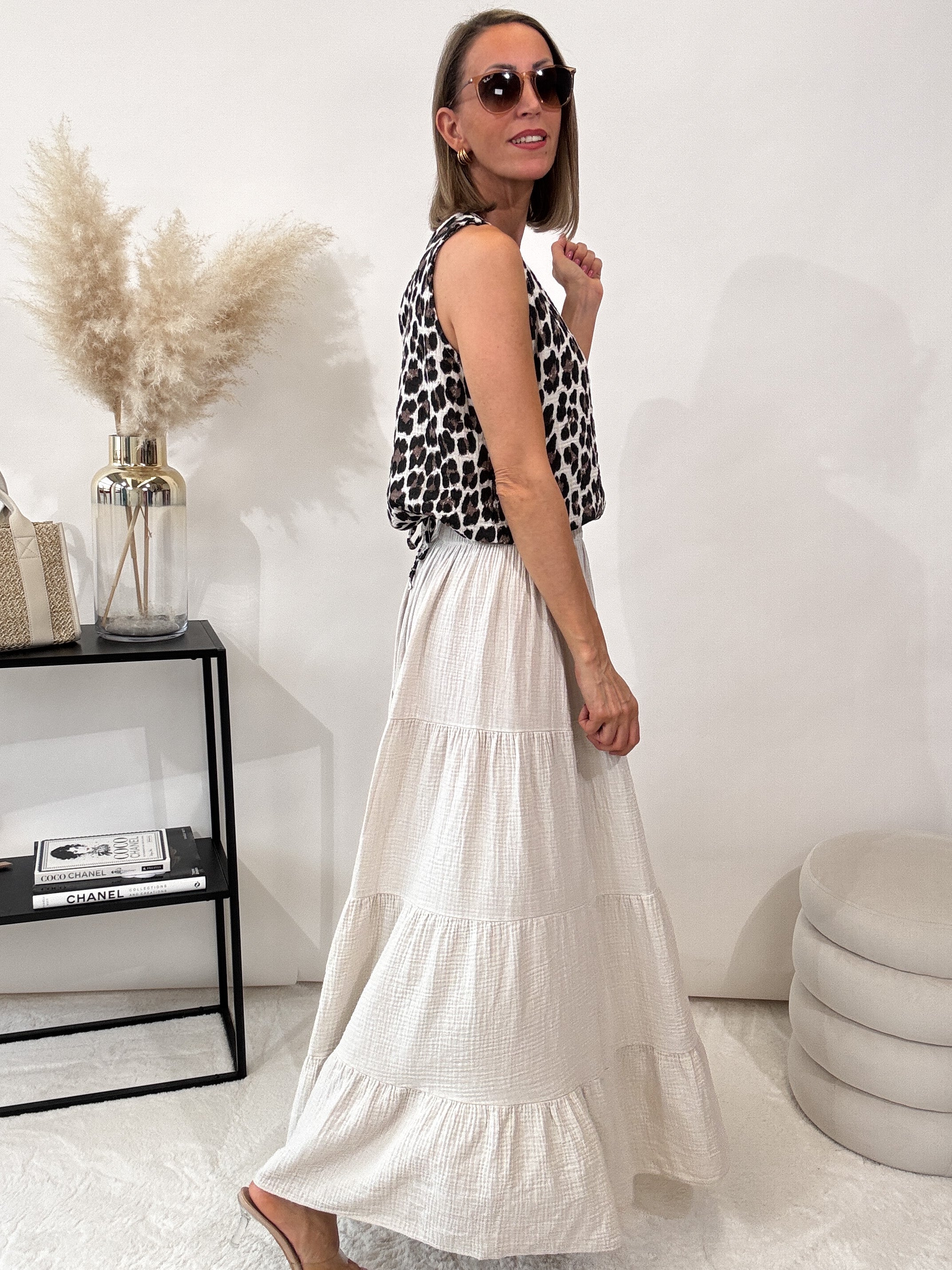 "Waffle Skirt" langer Rock aus Baumwolle (Musselin) - beige