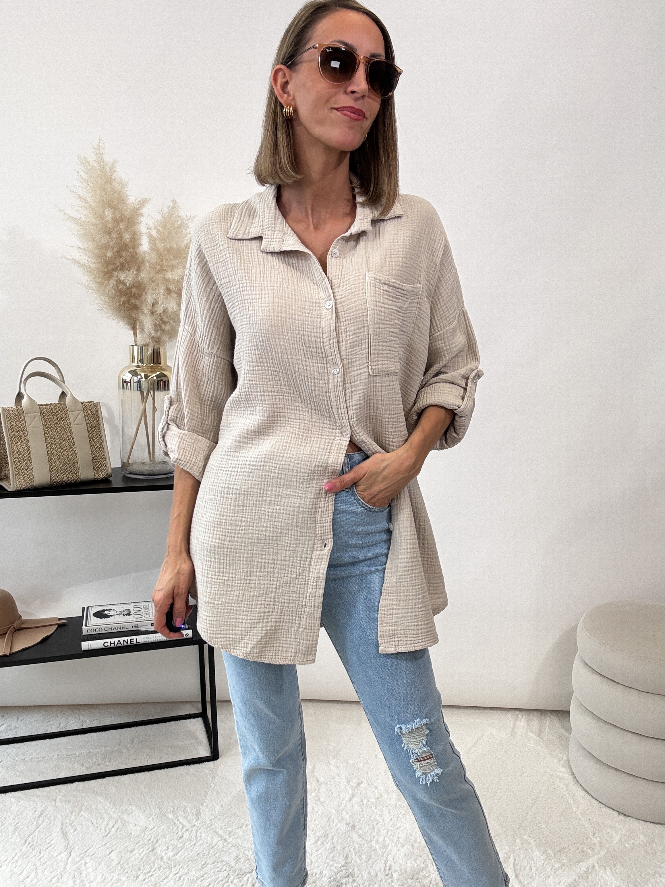 "Waffle Shirt" Bluse aus Musselin - dunkelbeige