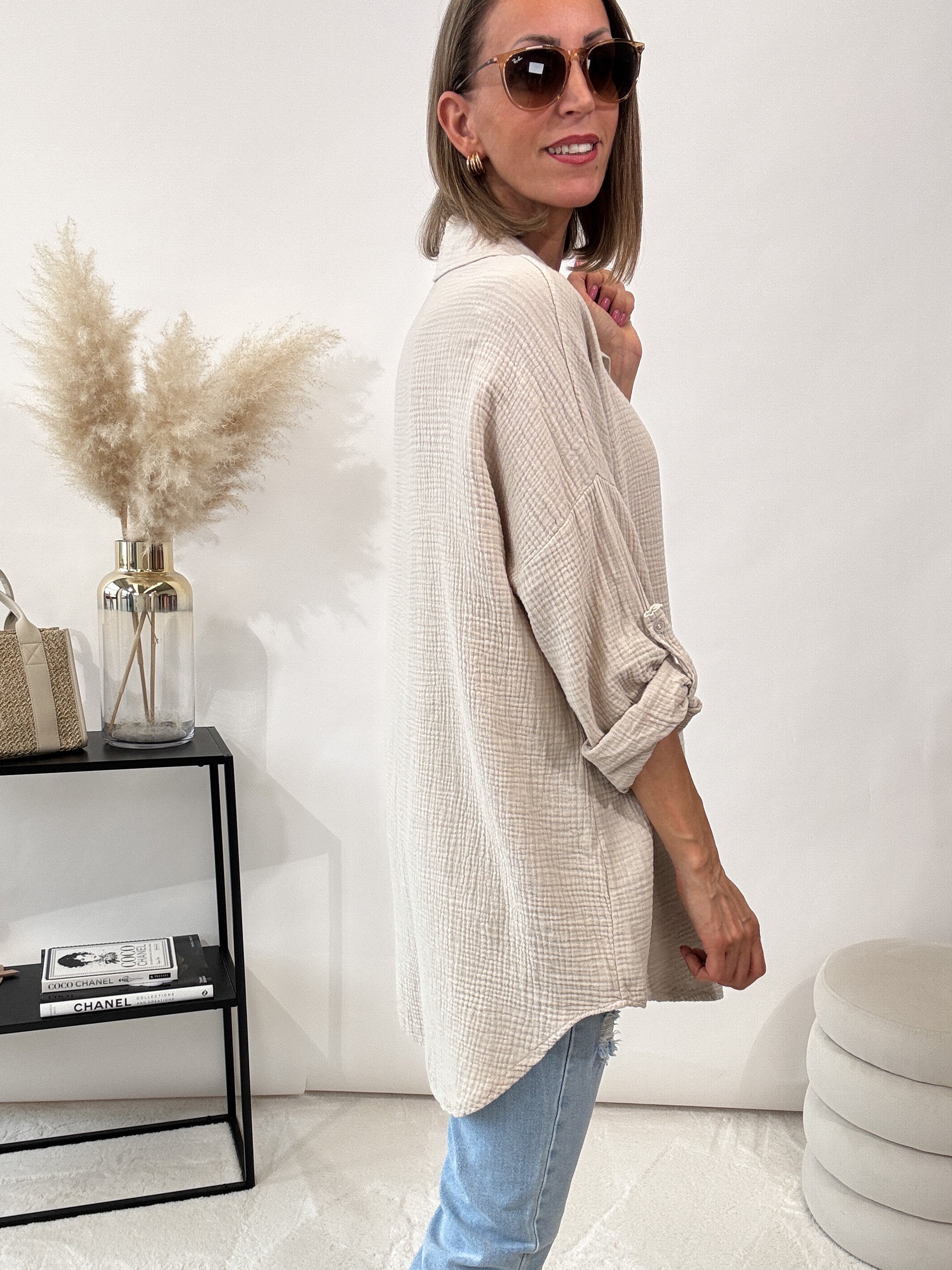 "Waffle Shirt" Bluse aus Musselin - dunkelbeige