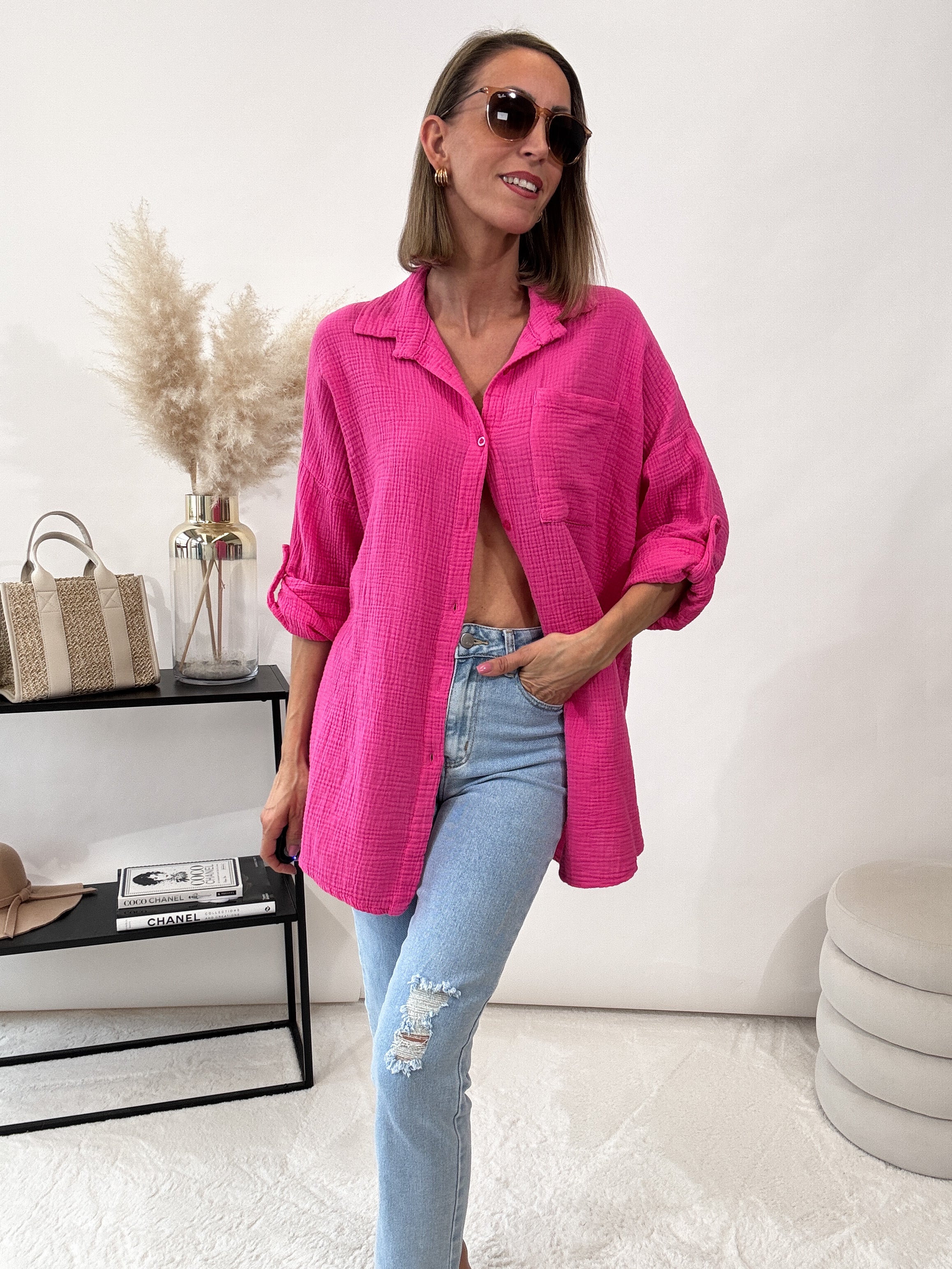 "Waffle Shirt" Bluse aus Musselin - pink