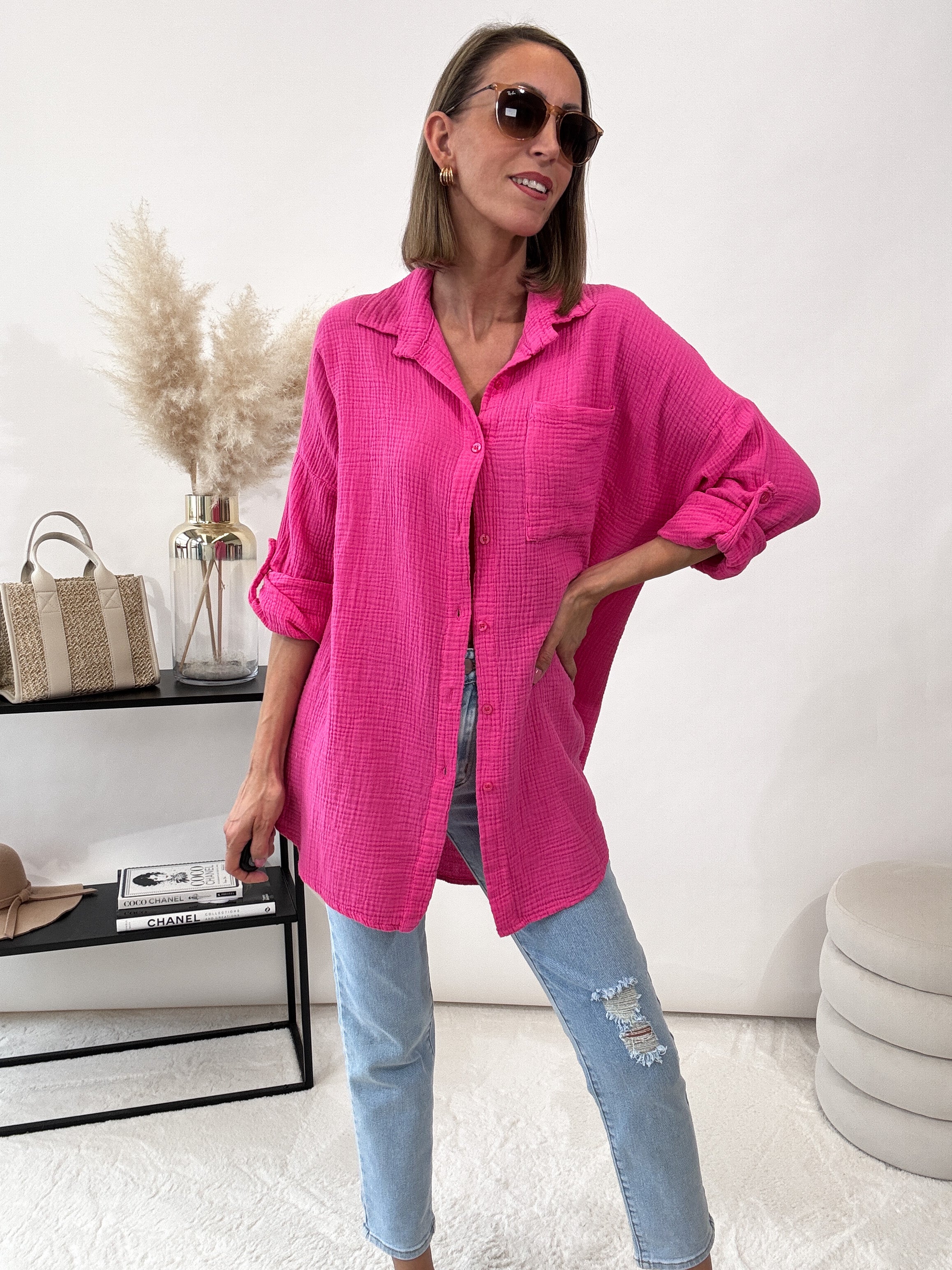 "Waffle Shirt" Bluse aus Musselin - pink