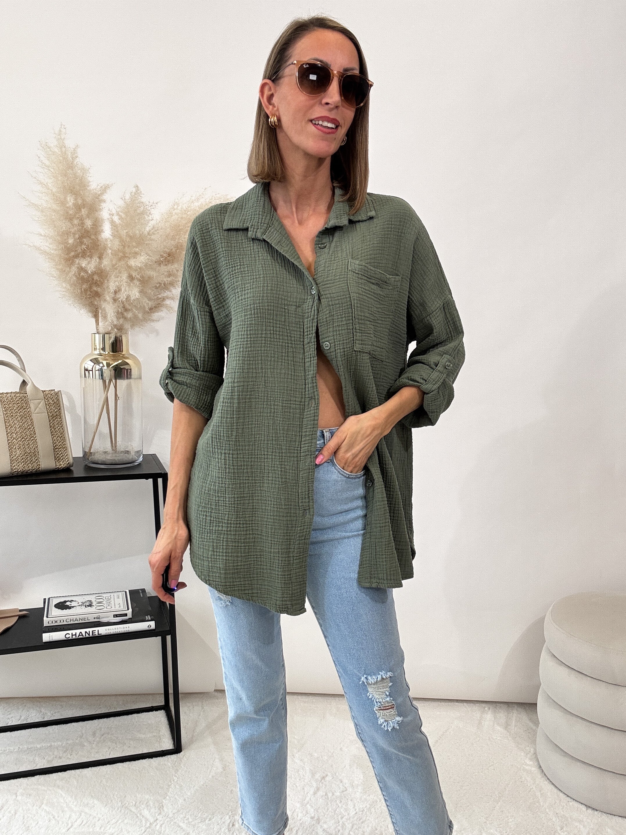 "Waffle Shirt" Bluse aus Musselin - khaki