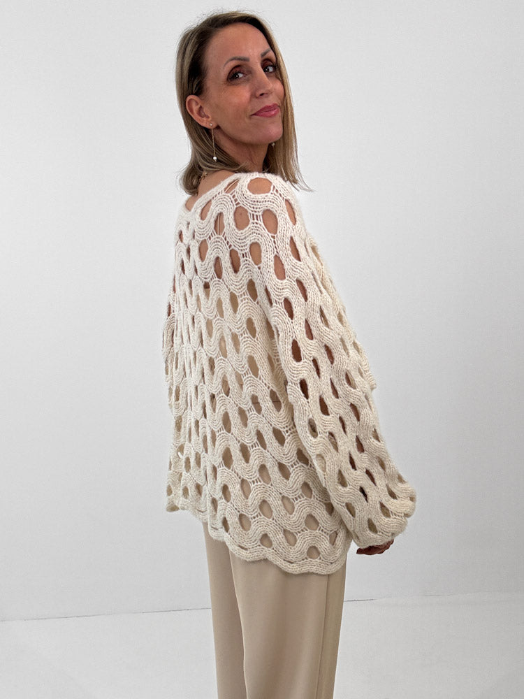 "Ibiza" Pulli mit Lochmuster aus Lana-Wolle - beige