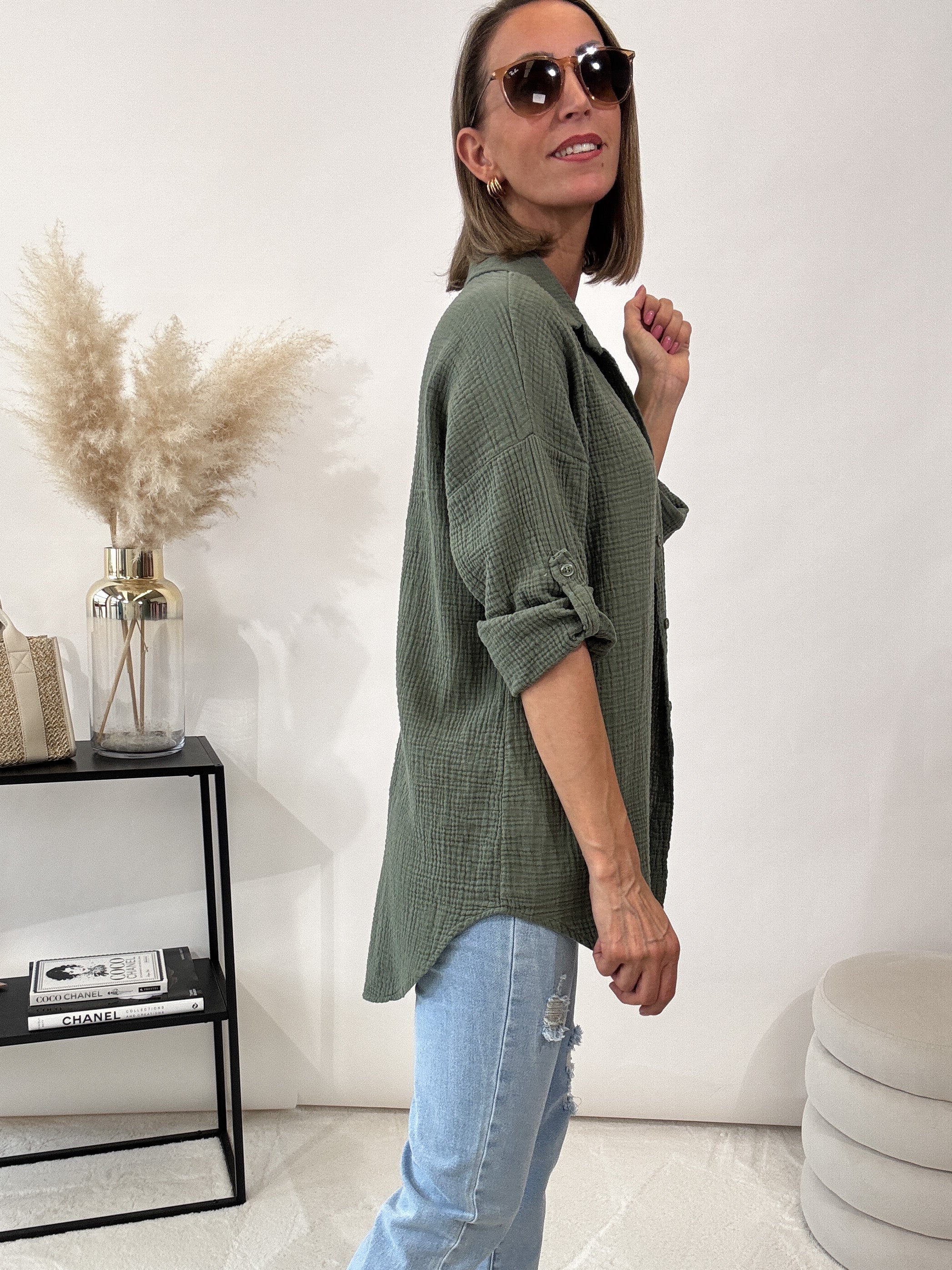 "Waffle Shirt" Bluse aus Musselin - khaki