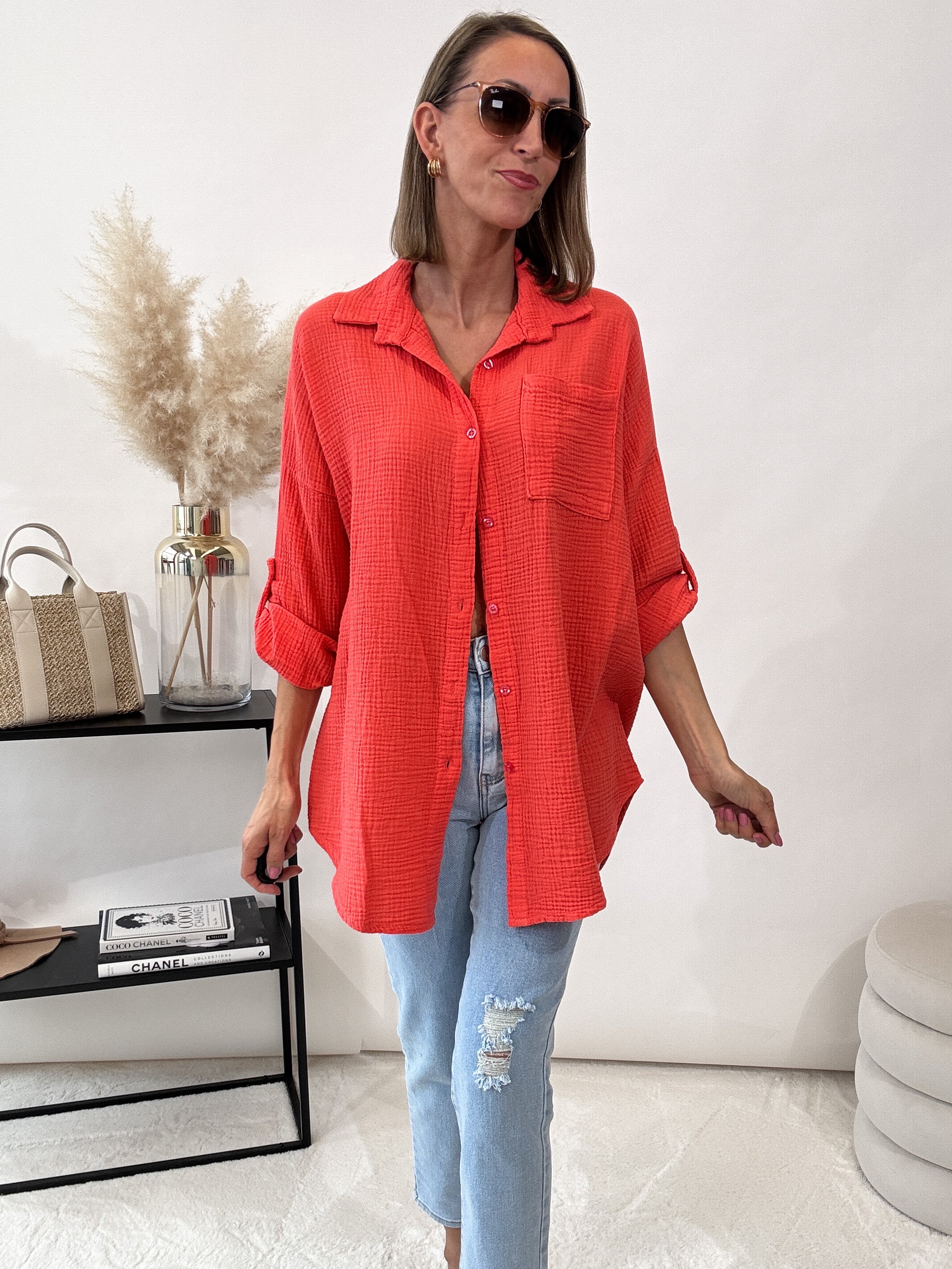 "Waffle Shirt" Bluse aus Musselin - coral