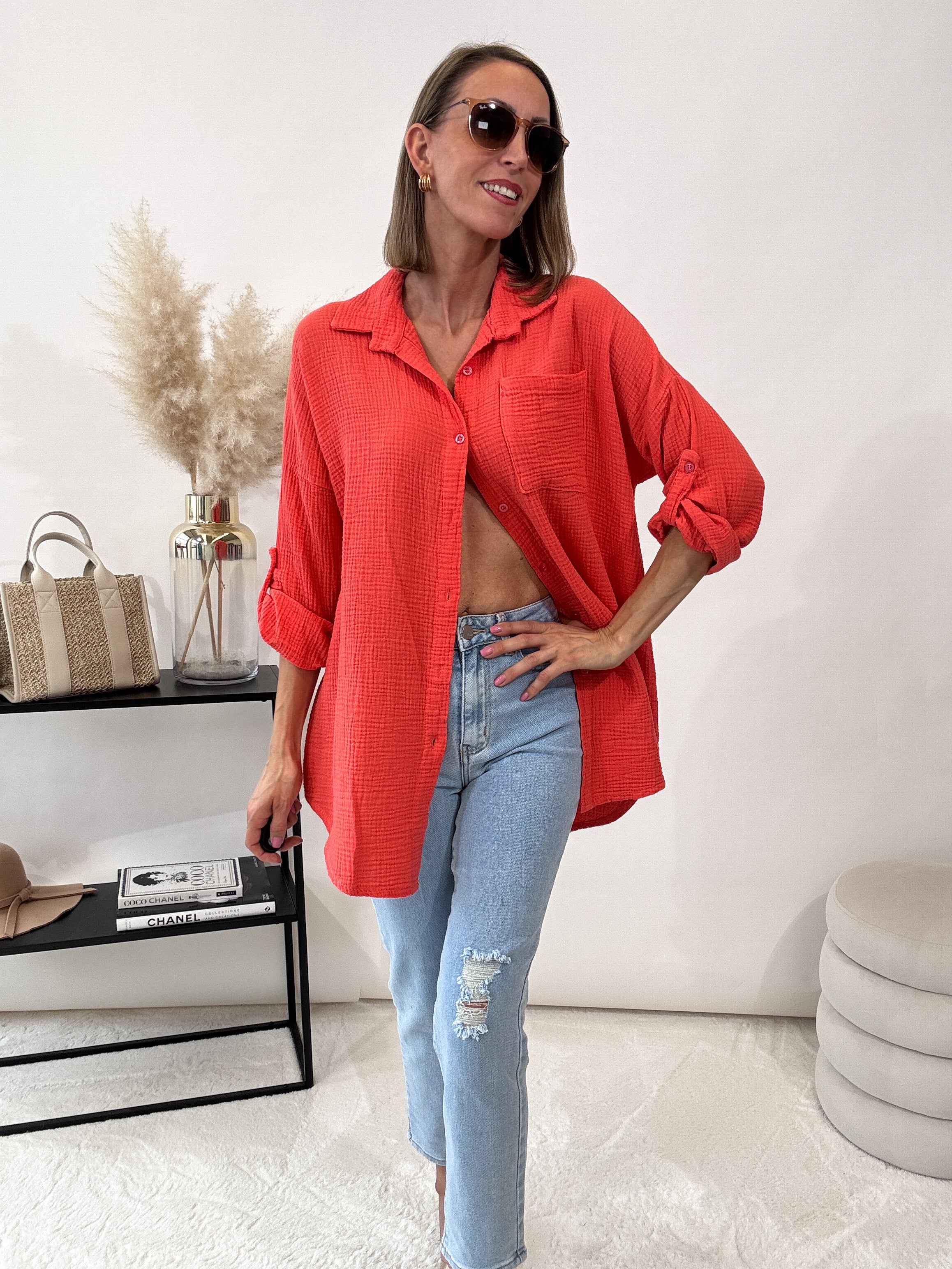 "Waffle Shirt" Bluse aus Musselin - coral