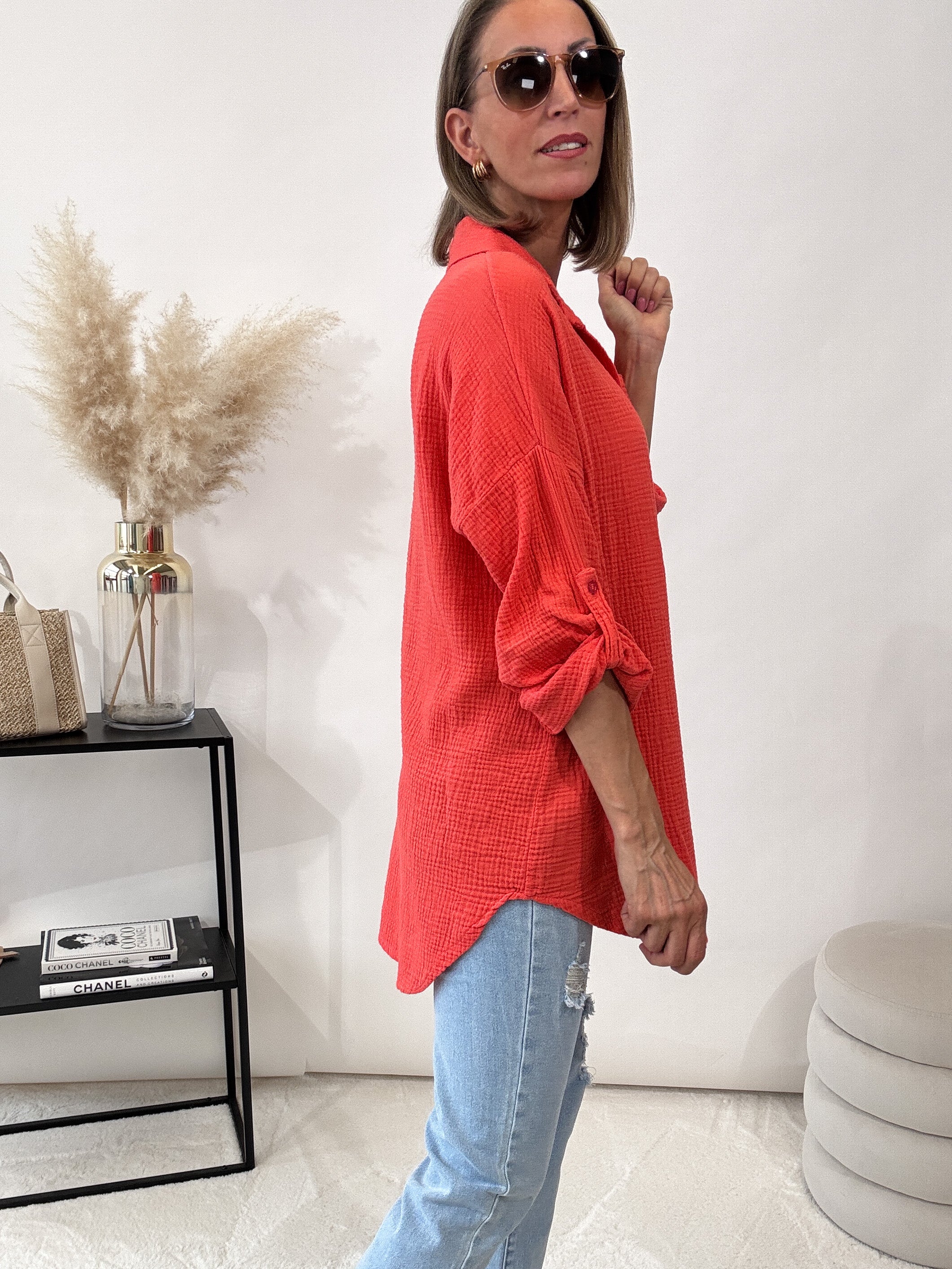 "Waffle Shirt" Bluse aus Musselin - coral