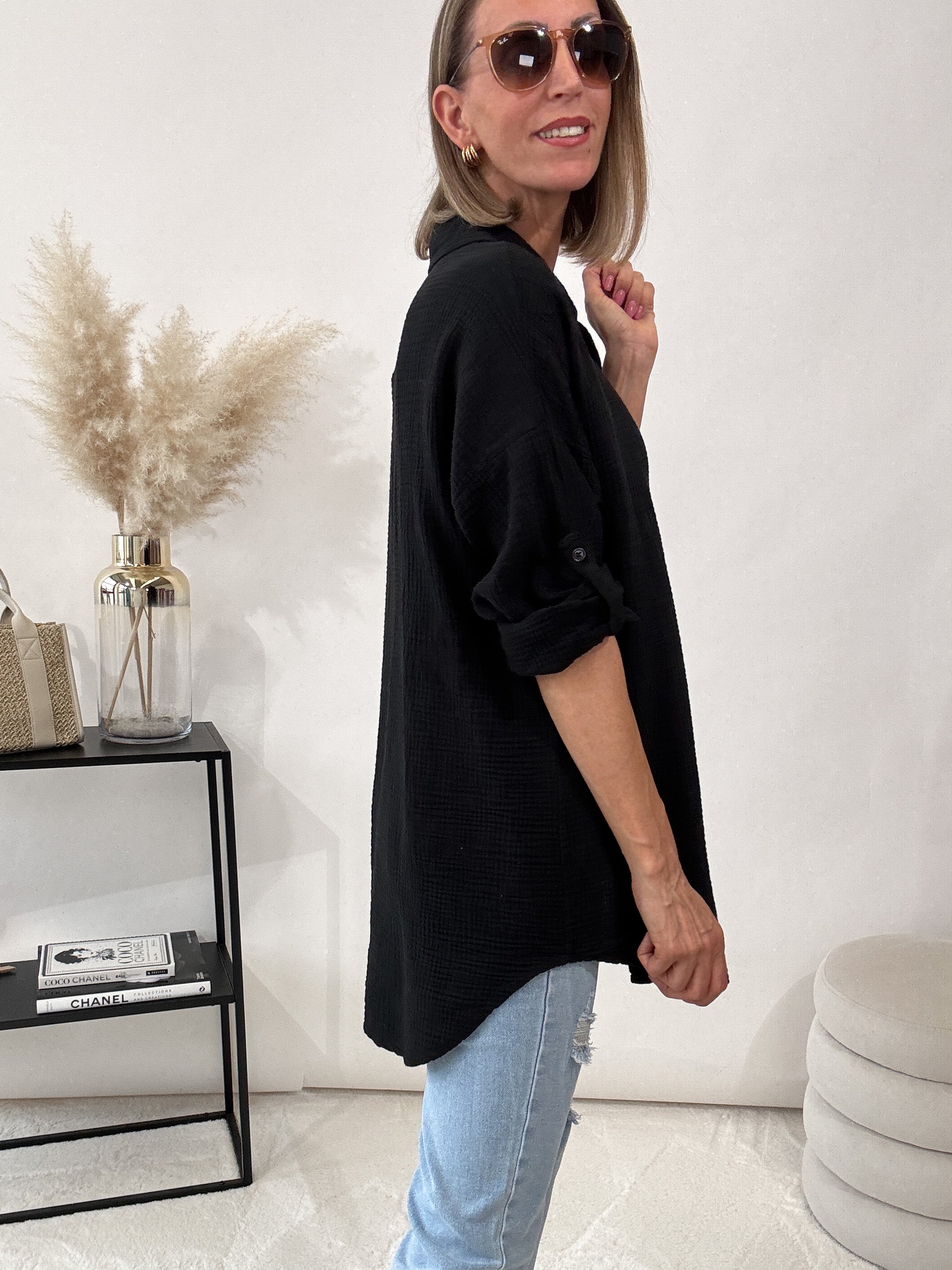 "Waffle Shirt" Bluse aus Musselin - schwarz