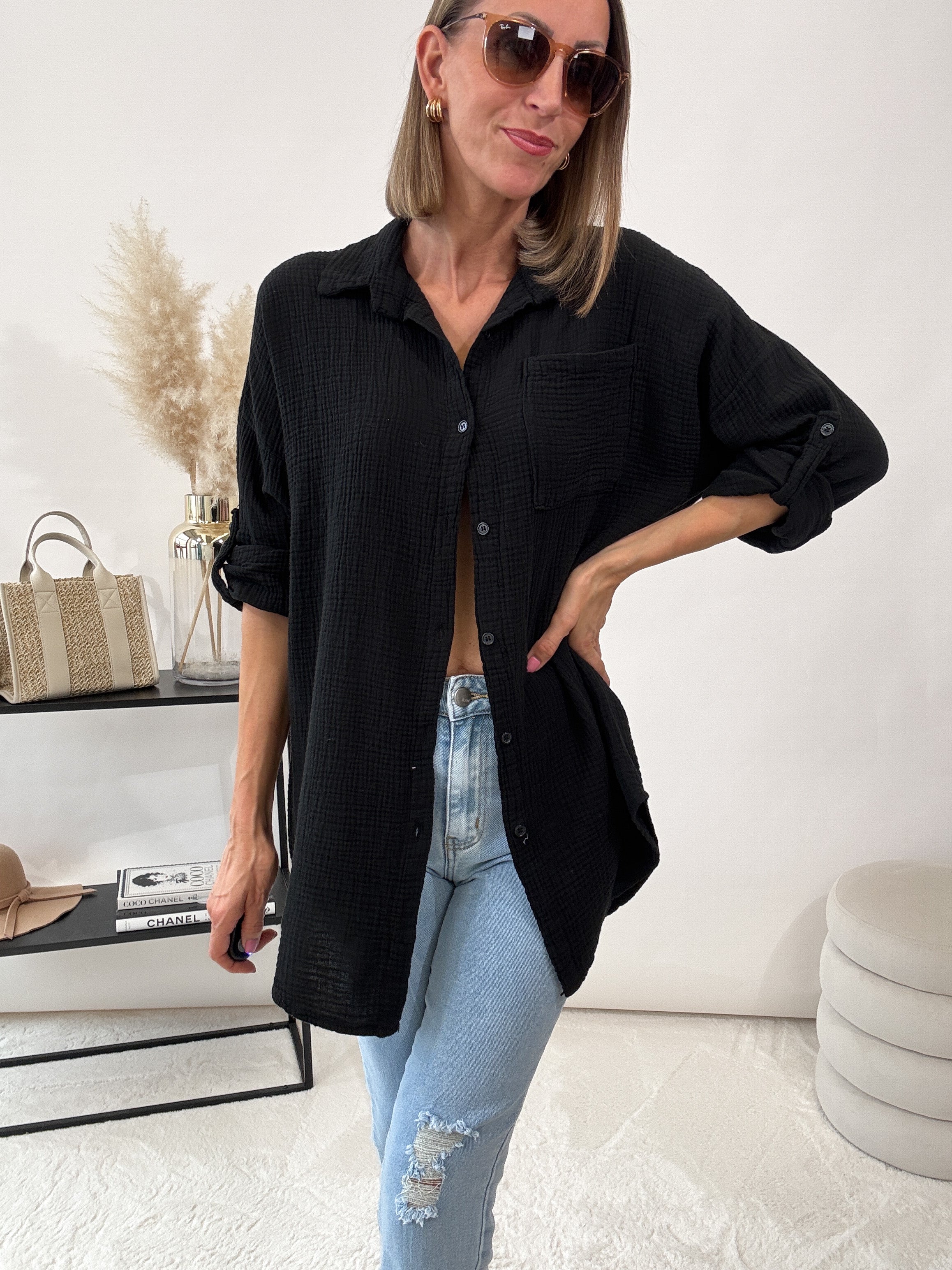 "Waffle Shirt" Bluse aus Musselin - schwarz