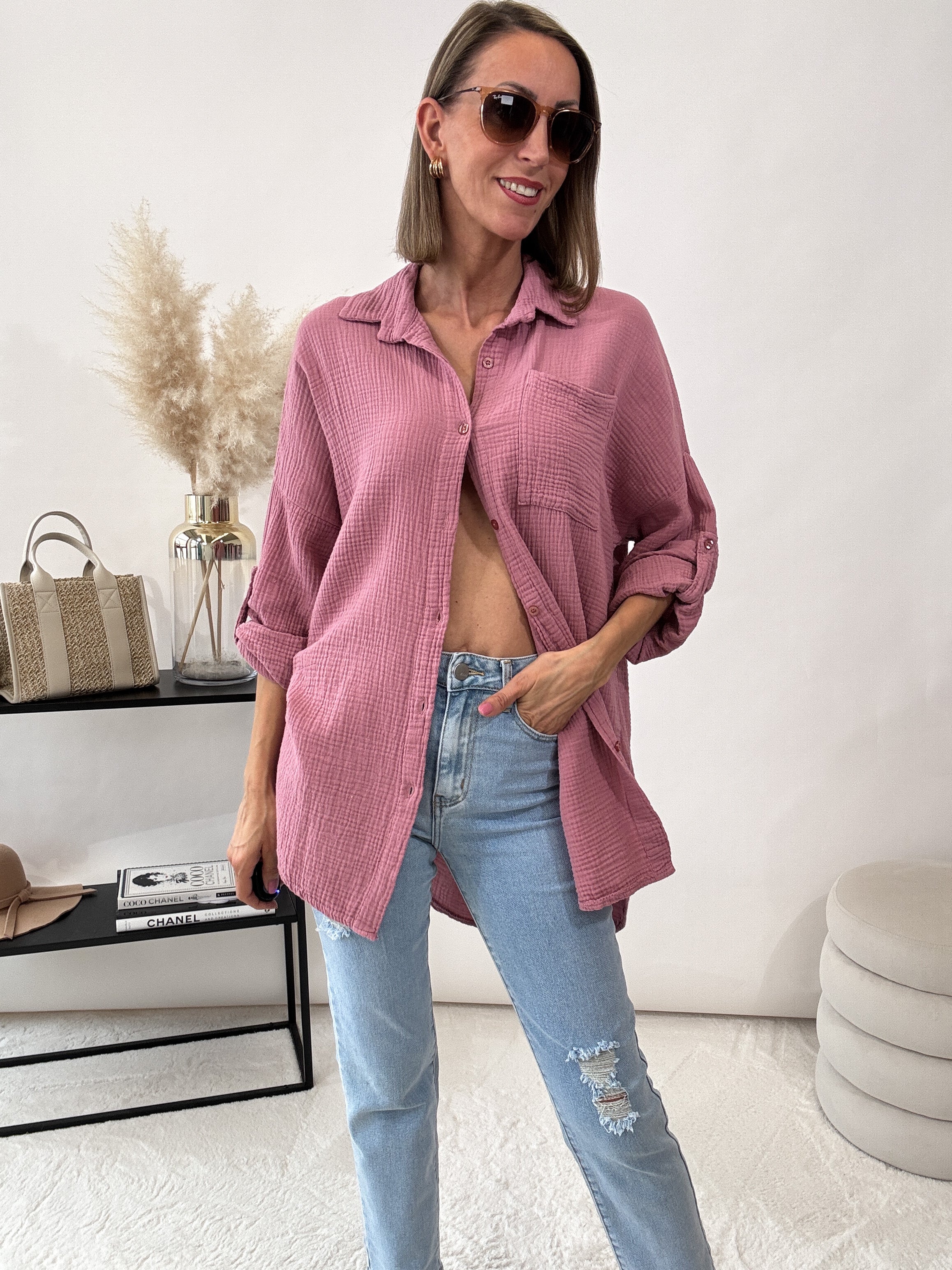 "Waffle Shirt" Bluse aus Musselin - beere