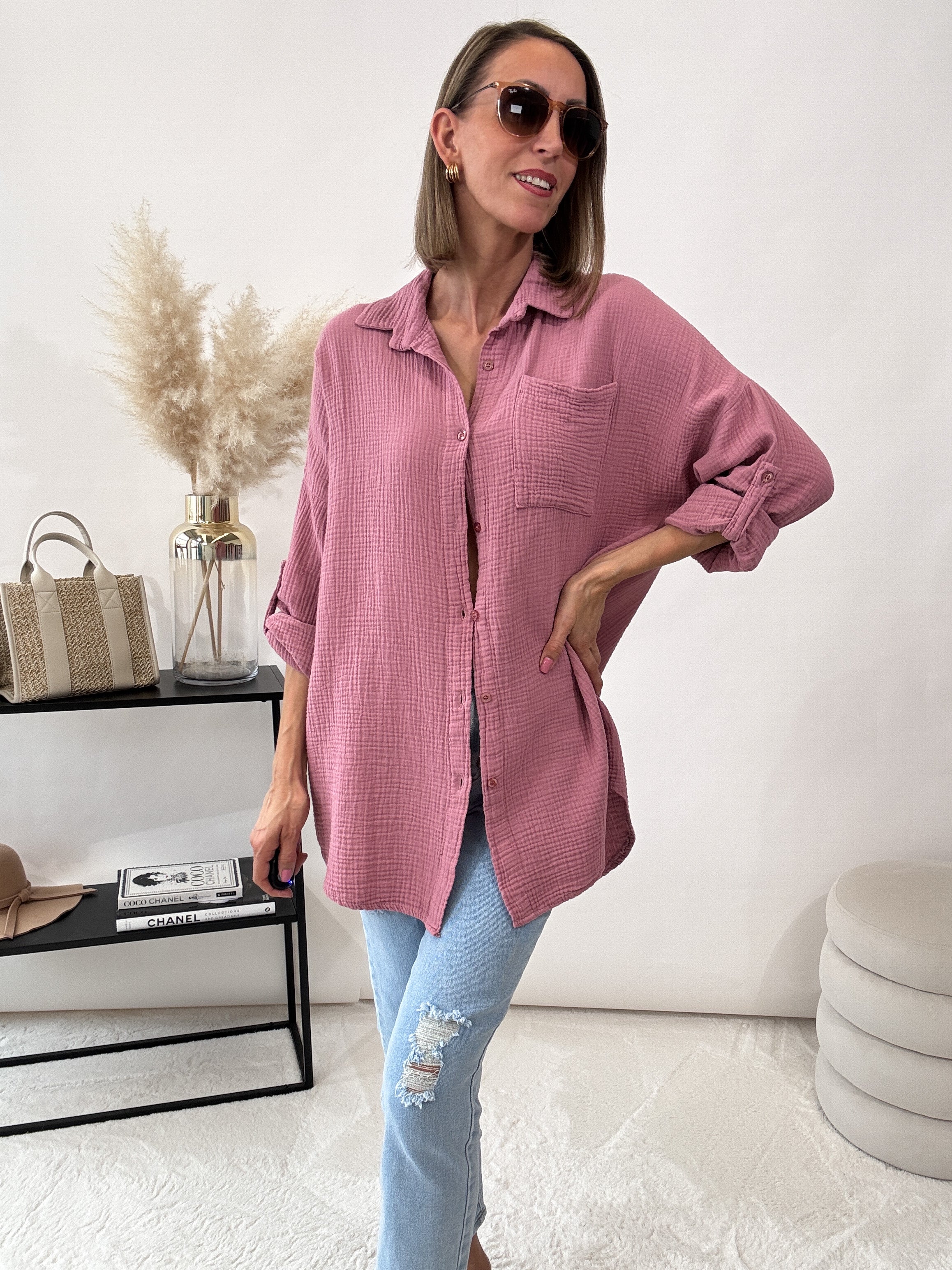 "Waffle Shirt" Bluse aus Musselin - beere