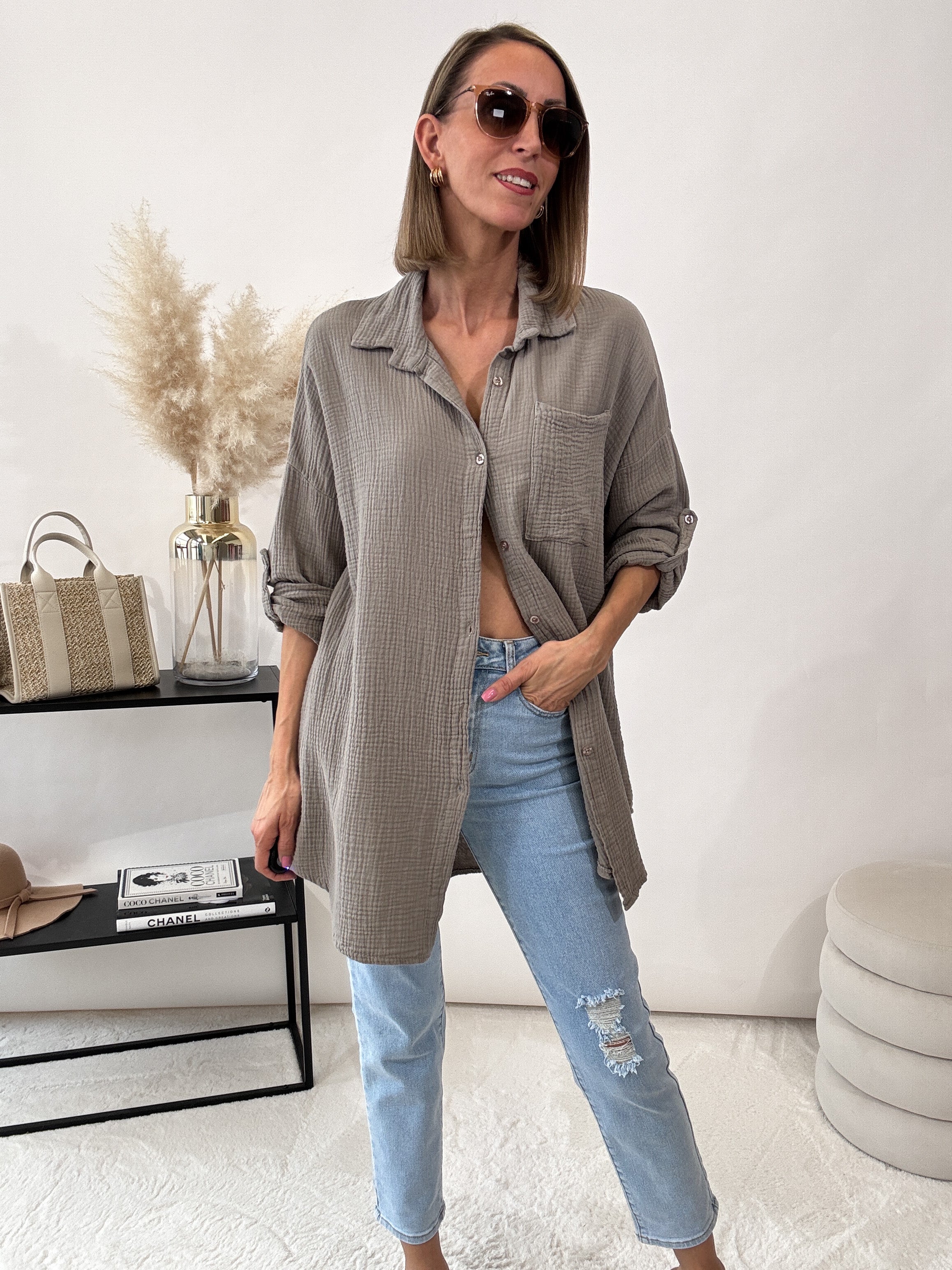 "Waffle Shirt" Bluse aus Musselin - mocca