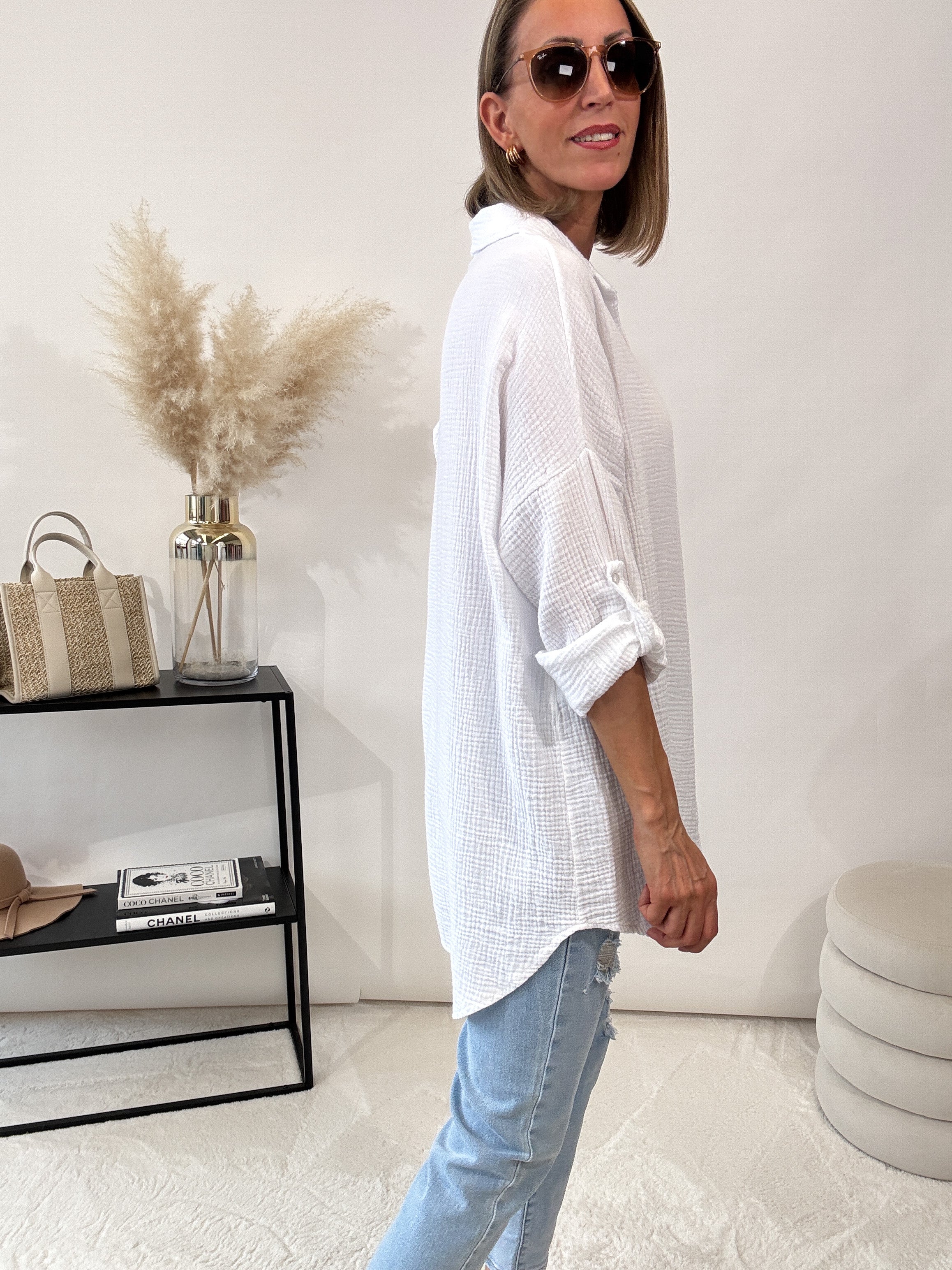 "Waffle Shirt" Bluse aus Musselin - weiß