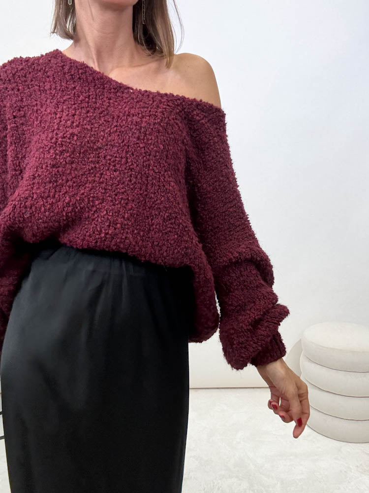 "Bouclé V" kuscheliger Pullover - bordeaux