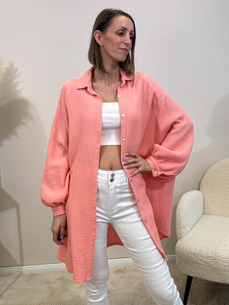 "Musselin Maxi" lange Oversize Bluse aus Baumwolle - peach