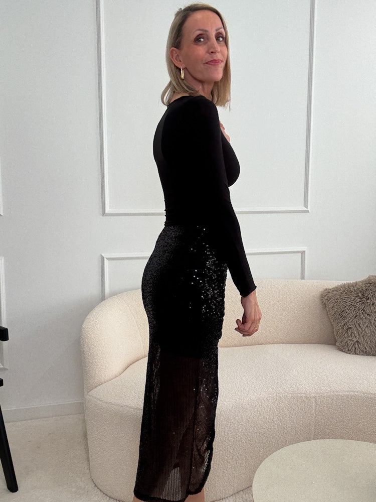 "Midnight long Skirt" Paillettenrock mit Schlitz - schwarz