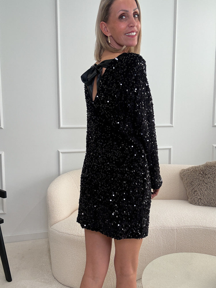 "Sparkle Dress"- Paillettenkleid mit Schleife - schwarz