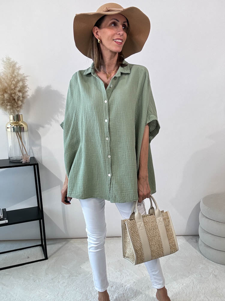 "Waffle Summer" Bluse aus Baumwolle (Musselin)- matcha green