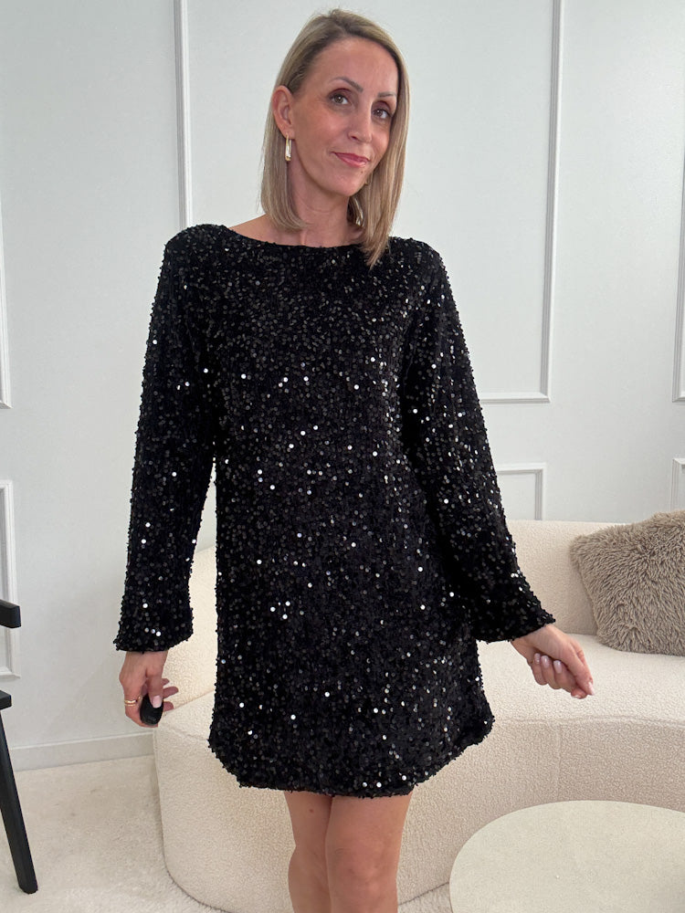 "Sparkle Dress"- Paillettenkleid mit Schleife - schwarz