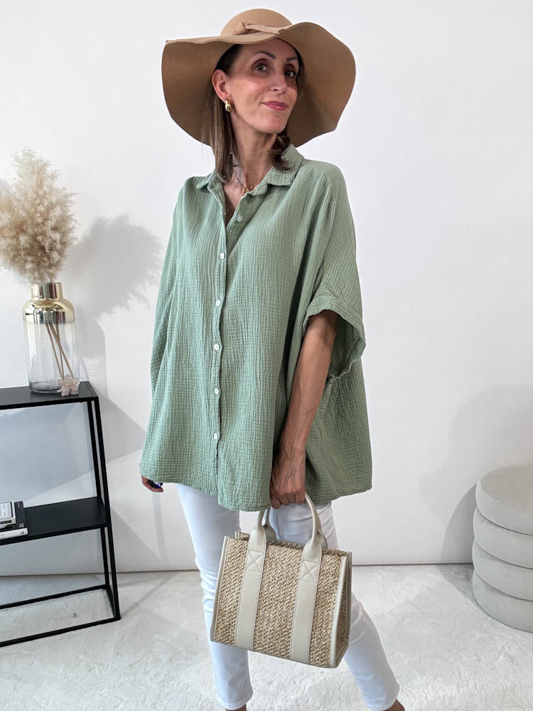 "Waffle Summer" Bluse aus Baumwolle (Musselin)- matcha green