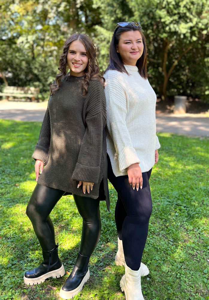 Strickpullover mit Schlitz - beige