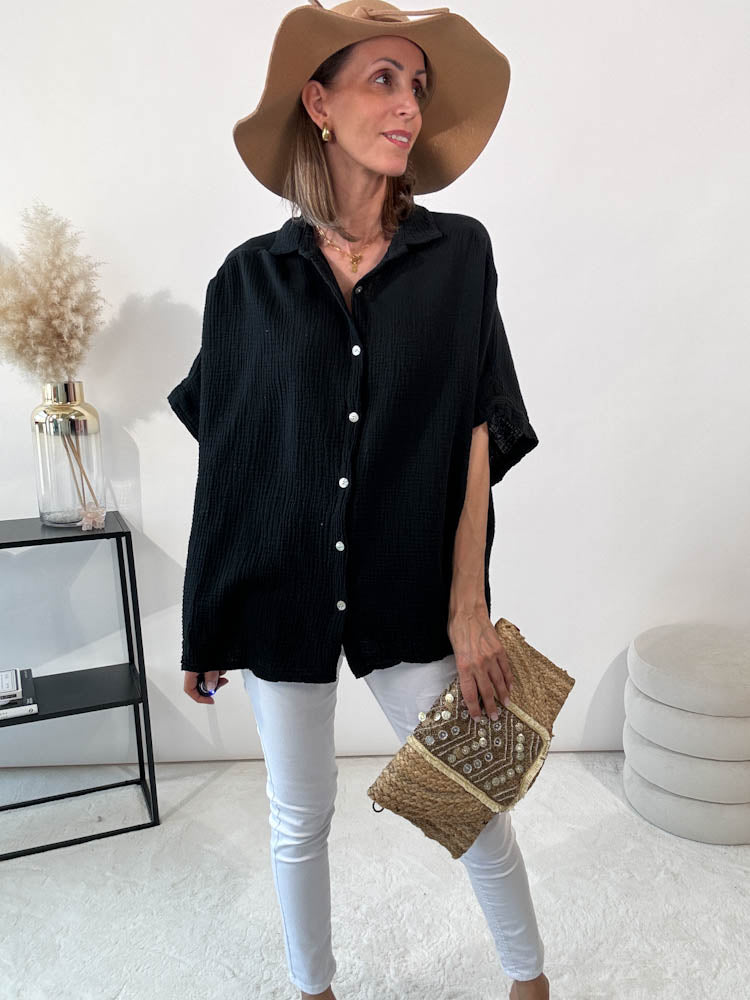"Waffle Summer" Bluse aus Baumwolle (Musselin)- schwarz