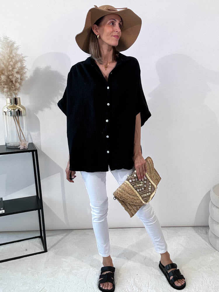 "Waffle Summer" Bluse aus Baumwolle (Musselin)- schwarz