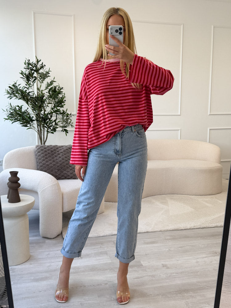 "Noa Linea Long" tolles Streifen-Longshirt aus Baumwolle - pink/rot