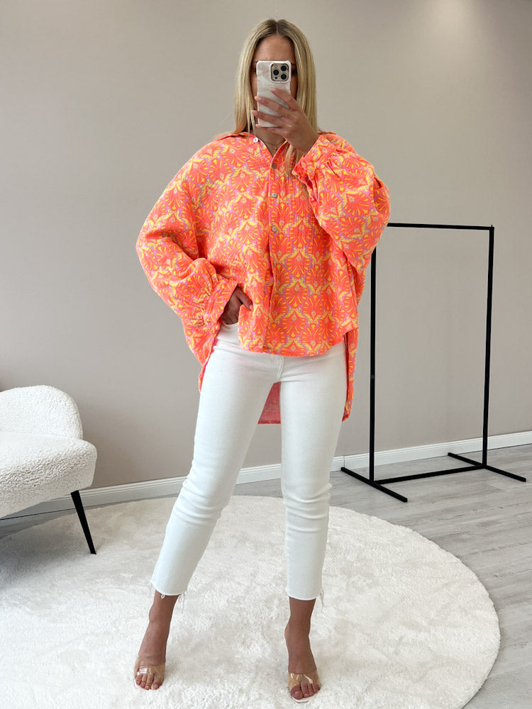"Musselin Tropical" Bluse aus Baumwolle - orange/ gelb