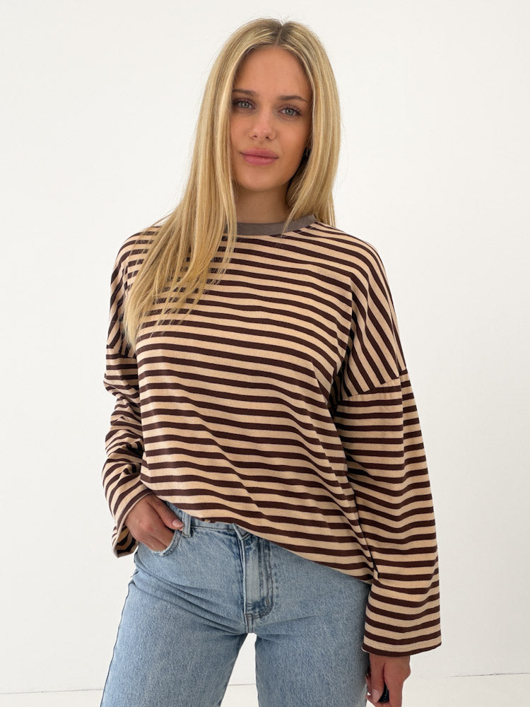 "Noa Linea Long" tolles Streifen-Longshirt aus Baumwolle - mocca/braun
