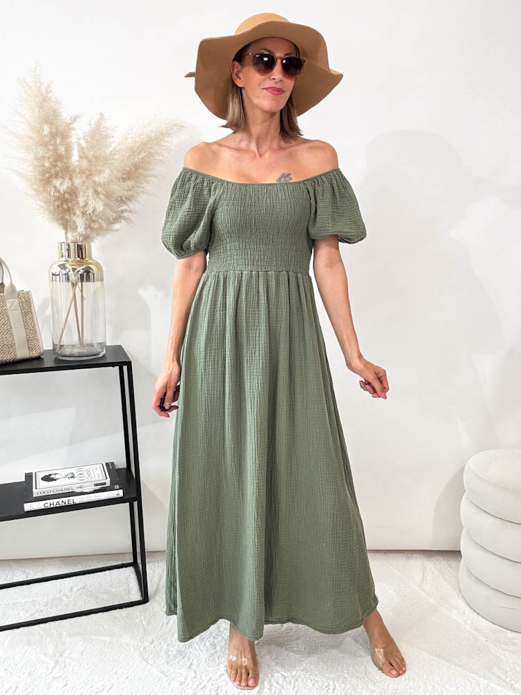 "Turino Waffel Dress" - schönes Maxikleid aus Musselin - matcha grün