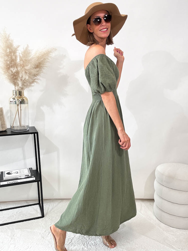 "Turino Waffel Dress" - schönes Maxikleid aus Musselin - matcha grün